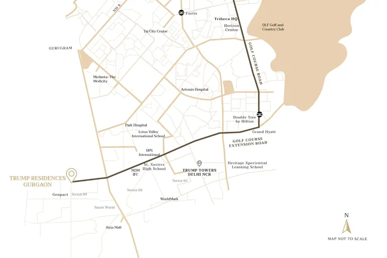 Trump Tower 2 location map in Sector 69 near Genpact on SPR, route to Golf Course Road