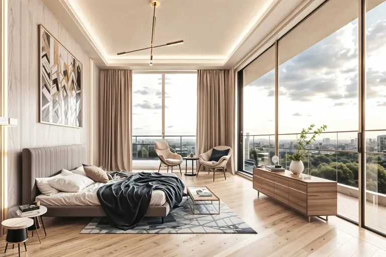 Trump Tower 2 master bedroom with floor-to-ceiling windows, artist's impression