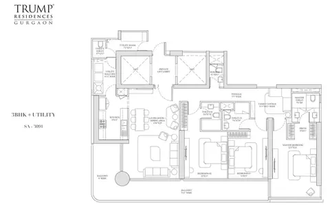 Trump Residences Gurgaon (Trump Tower 2) 3 BHK floor plan, 3,091 sq ft super area