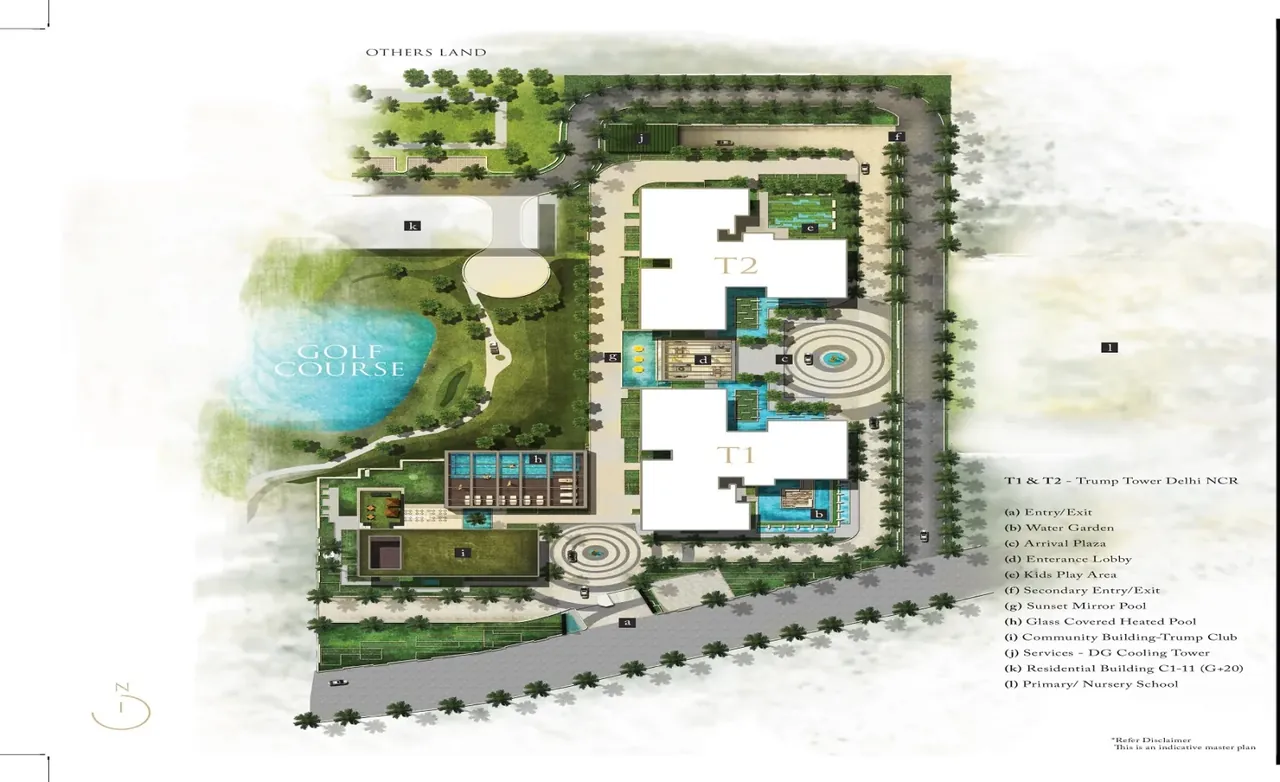 Trump Towers Delhi NCR site plan with the two towers, drop-off, pool and landscaped grounds