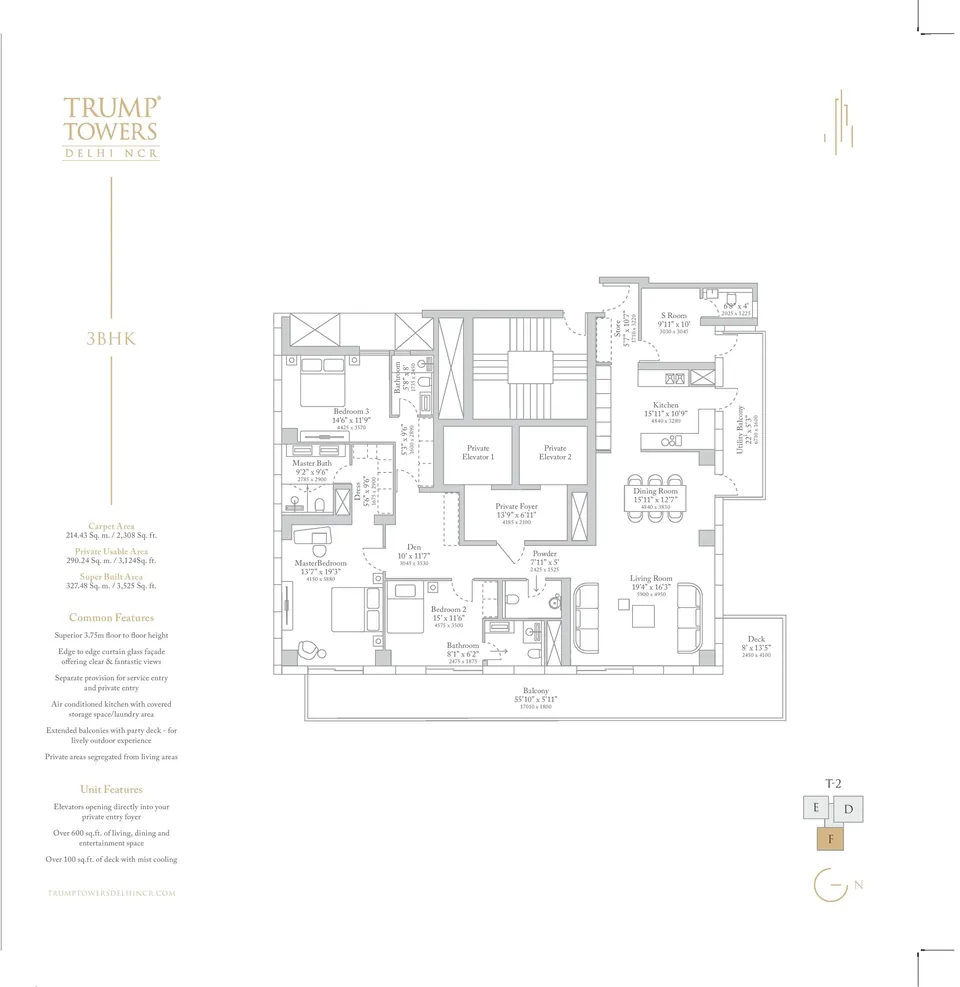 Trump Towers Delhi NCR 3 BHK floor plan, 3,525 sq ft super area