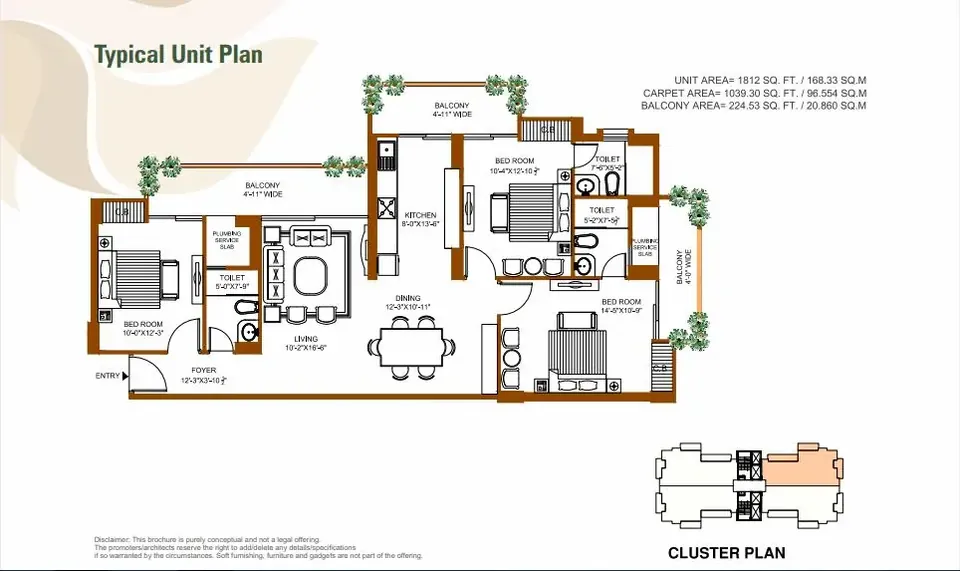 Tulip Leaf 3 BHK floor plan, 1,812 sq ft super area