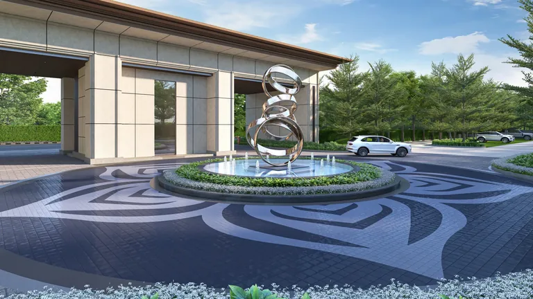 Tulip Melrose arrival court with sculpture fountain and patterned paving, artist's impression