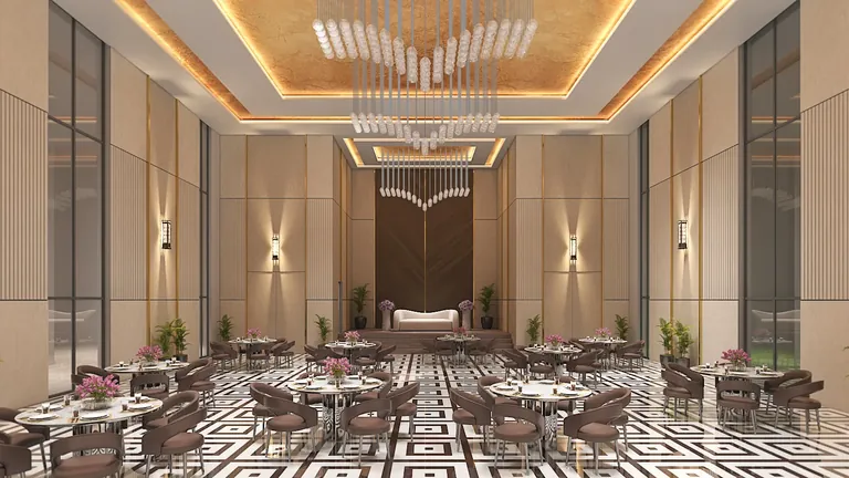 Tulip Melrose banquet hall with dining tables and chandeliers, artist's impression