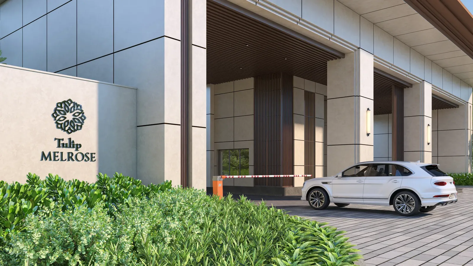 Tulip Melrose entrance porch with project sign and car drop-off, artist's impression