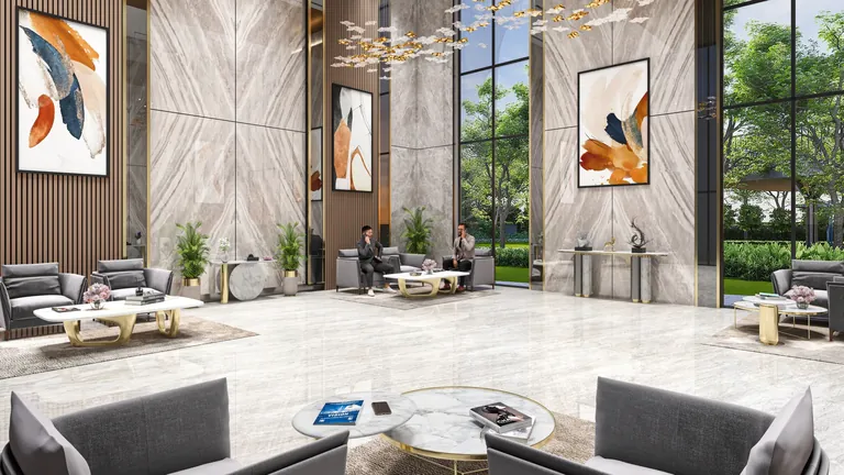 Tulip Melrose double-height entrance lobby lounge with seating, artist's impression