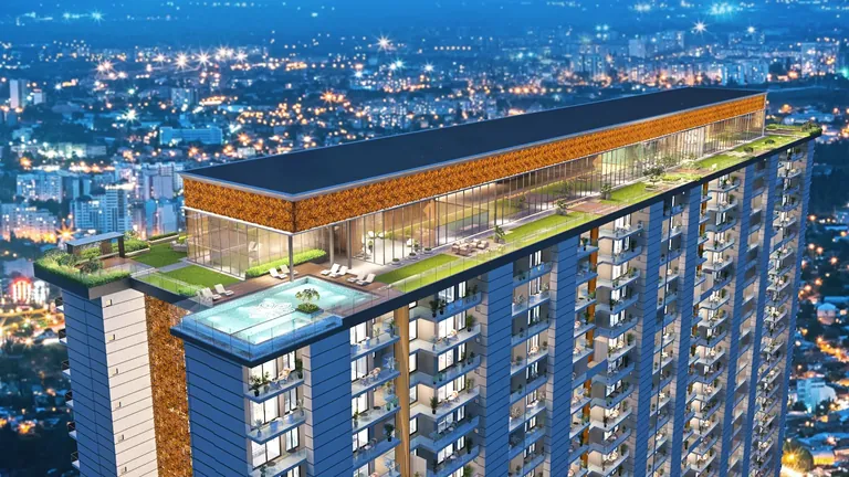 Tulip Melrose rooftop sky terrace with pool seen from above at night, artist's impression