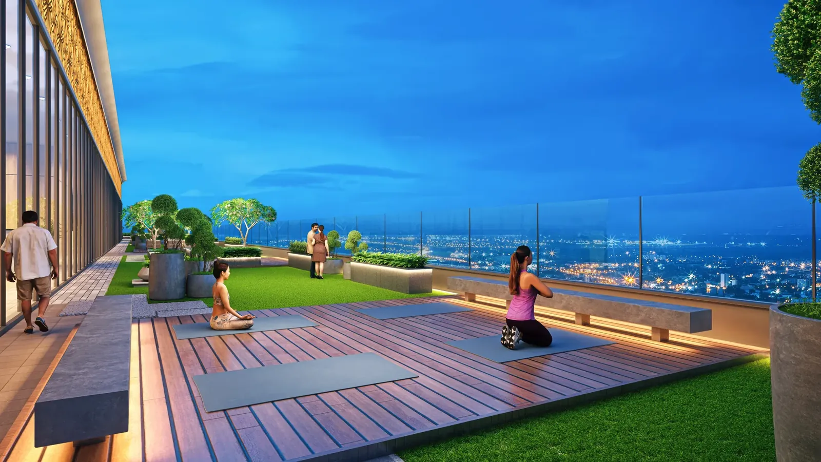 Tulip Melrose rooftop yoga deck with lawn overlooking the city at night, artist's impression