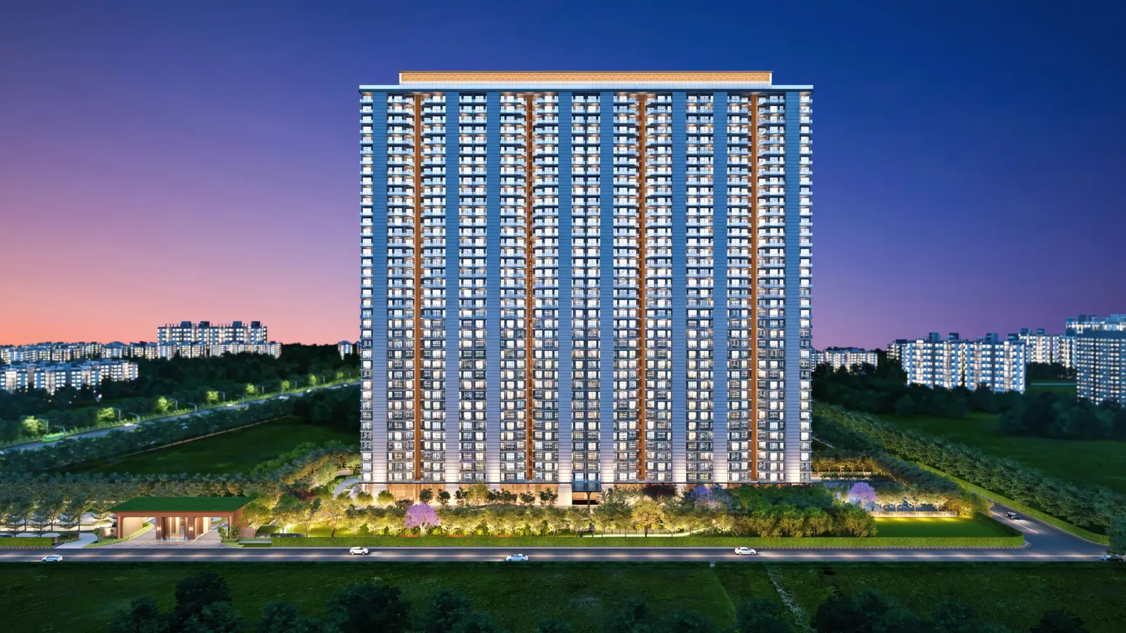 Tulip Melrose residential tower lit up in the evening, Sector 70 Gurgaon, artist's impression