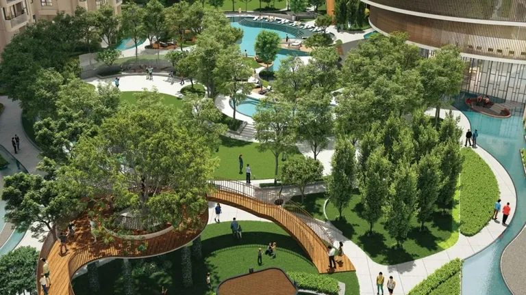Tulip Monsella landscaped garden with pools and a raised walkway