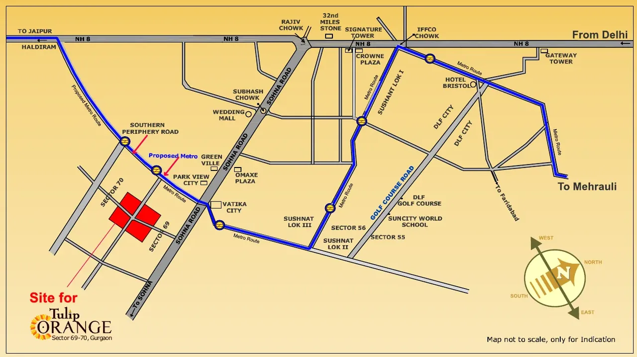 Tulip Orange location map, Sectors 69-70 Gurgaon near Sohna Road and Southern Peripheral Road