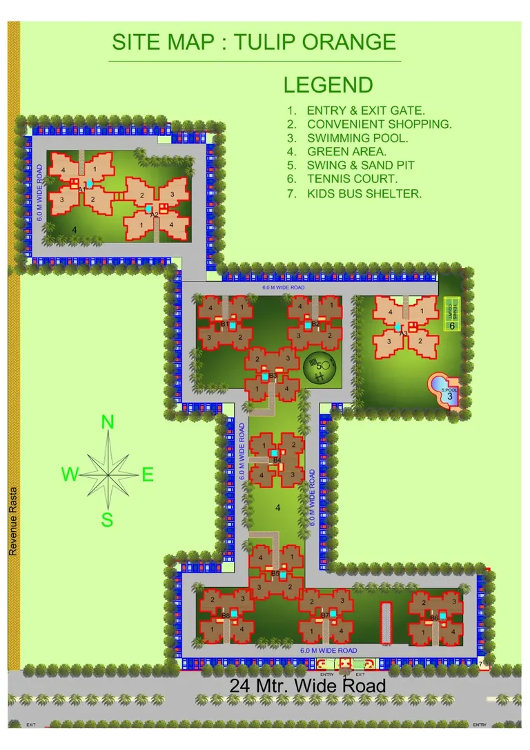 Tulip Orange site map with tower clusters, swimming pool, tennis court and 24 m road entry