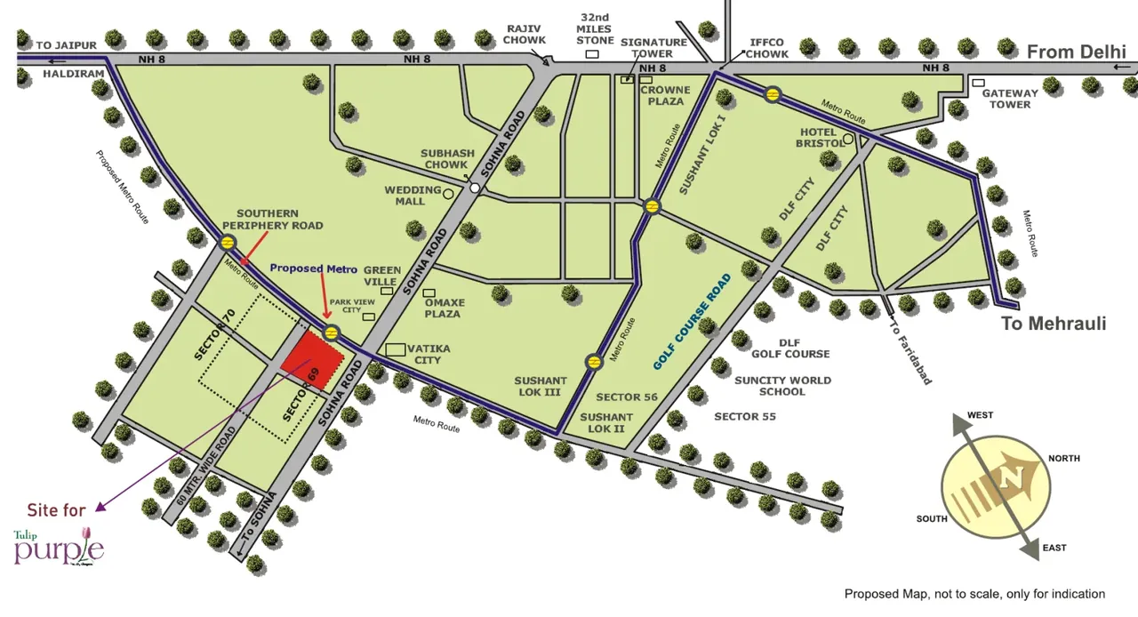 Tulip Purple location map, Sector 69 near Sohna Road and the Southern Peripheral Road