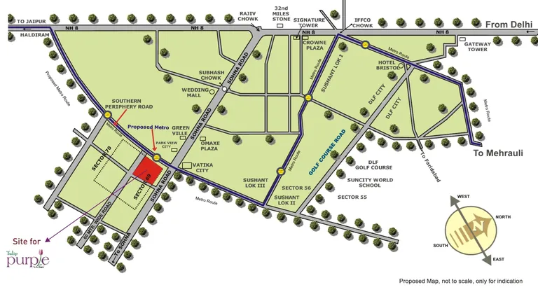 Tulip Purple location map, Sector 69 near Sohna Road and the Southern Peripheral Road