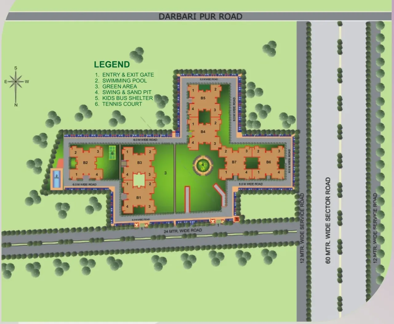 Tulip Purple site plan with towers B1 to B7 around a central green, beside the 60 m sector road