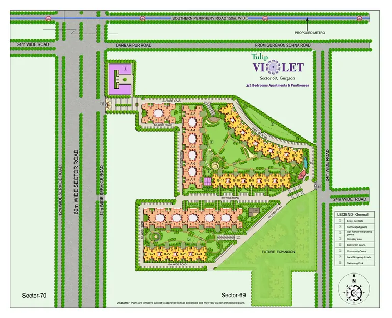 Tulip Violet site plan showing tower blocks, central greens and Southern Peripheral Road frontage