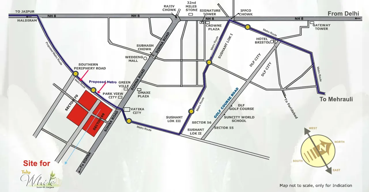 Tulip White location map, Sector 69 between Sohna Road and the Southern Peripheral Road