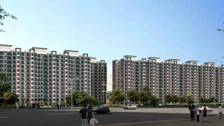 Tulip White two mid-rise residential blocks seen from the road, Sector 69 Gurgaon, artist's impression