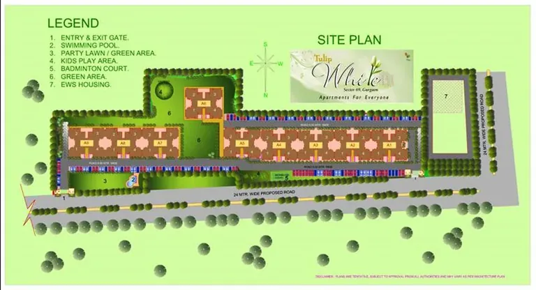 Tulip White site plan with towers A0 to A9, swimming pool, party lawn and 24 m road frontage