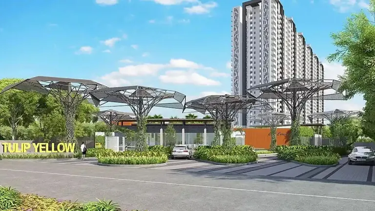 Tulip Yellow entrance with project sign, canopy structures and high-rise tower, artist's impression