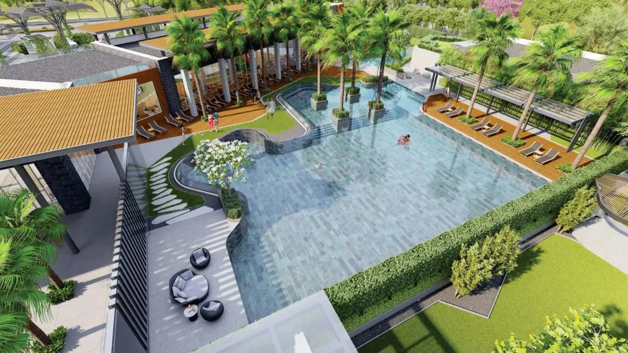 Tulip Yellow swimming pool with sun loungers and landscaped deck from above, artist's impression