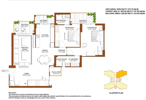 Tulip Yellow 5 BHK duplex penthouse lower level floor plan, 2,946 sq ft super area