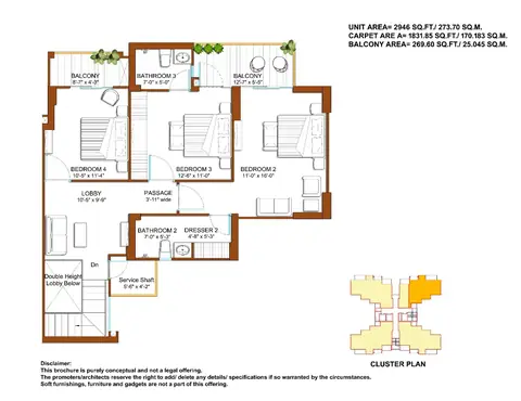 Tulip Yellow 5 BHK duplex penthouse upper level floor plan, 2,946 sq ft super area