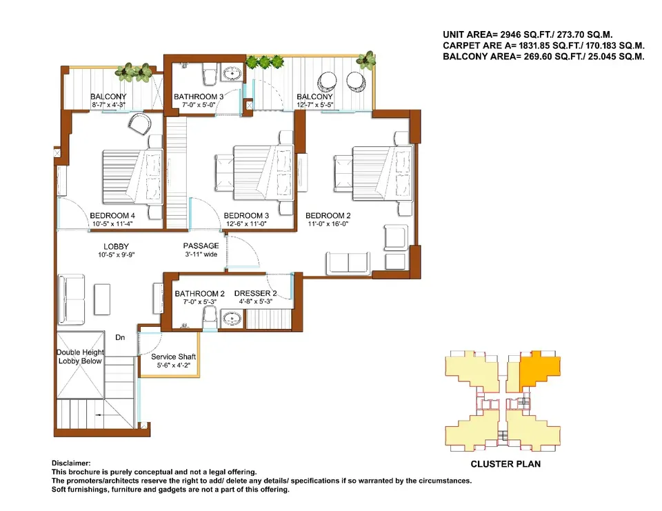 Tulip Yellow 5 BHK duplex penthouse upper level floor plan, 2,946 sq ft super area