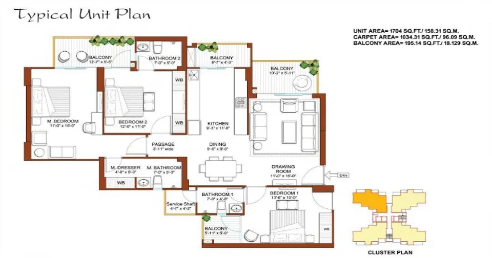 Tulip Yellow 3 BHK floor plan, 1,704 sq ft super area