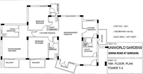 Unitech Uniworld Garden 1 3 BHK + servant floor plan, 2,027 sq ft super area