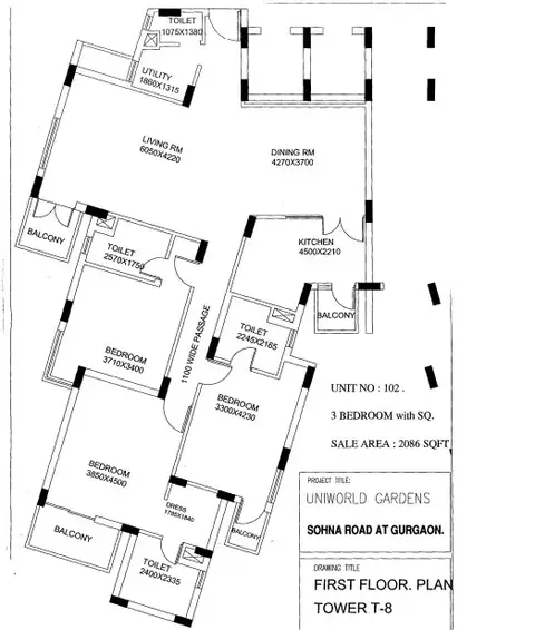 Unitech Uniworld Garden 1 3 BHK + servant floor plan, 2,086 sq ft super area