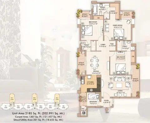 Vipul Greens 3 BHK floor plan, 2,185 sq ft