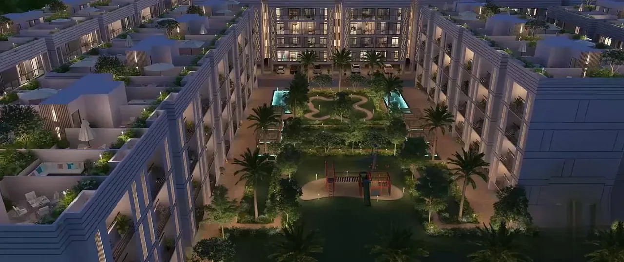 Whiteland Blissville aerial night view of the landscaped courtyard, artist's impression