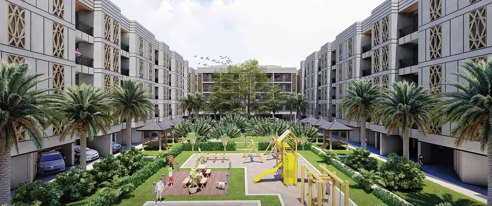 Whiteland Blissville central green with kids' play area between the low-rise blocks, artist's impression