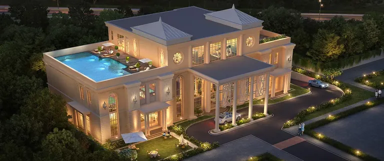 Whiteland Blissville clubhouse aerial view with rooftop pool, artist's impression