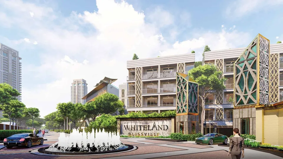 Whiteland Blissville entrance gateway with fountain and low-rise floors behind, artist's impression