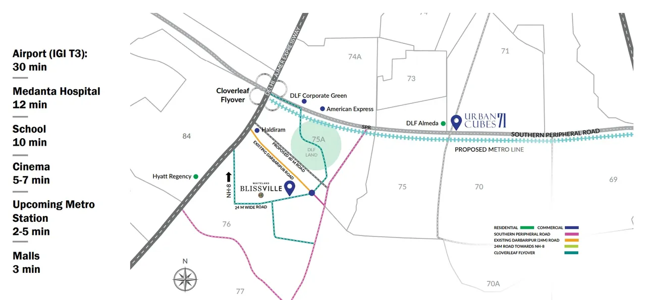 Whiteland Blissville location map in Sector 76 near the SPR, Darbaripur Road and NH-48