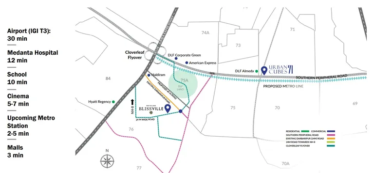 Whiteland Blissville location map in Sector 76 near the SPR, Darbaripur Road and NH-48