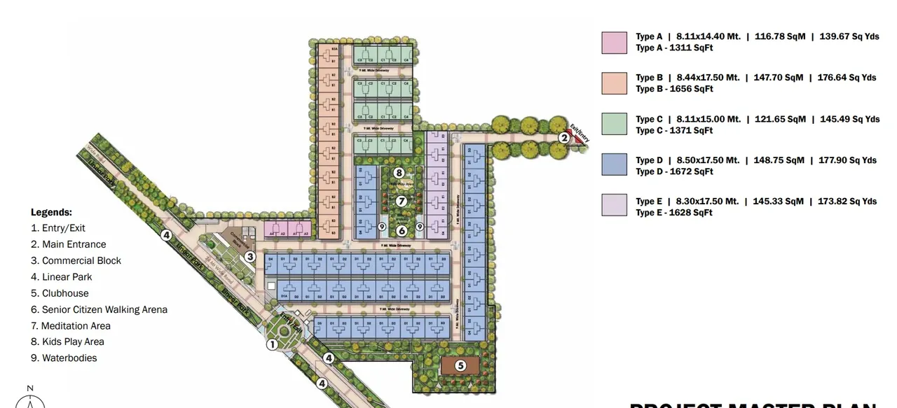 Whiteland Blissville master plan showing 111 plots, plot types A to E, clubhouse and linear park