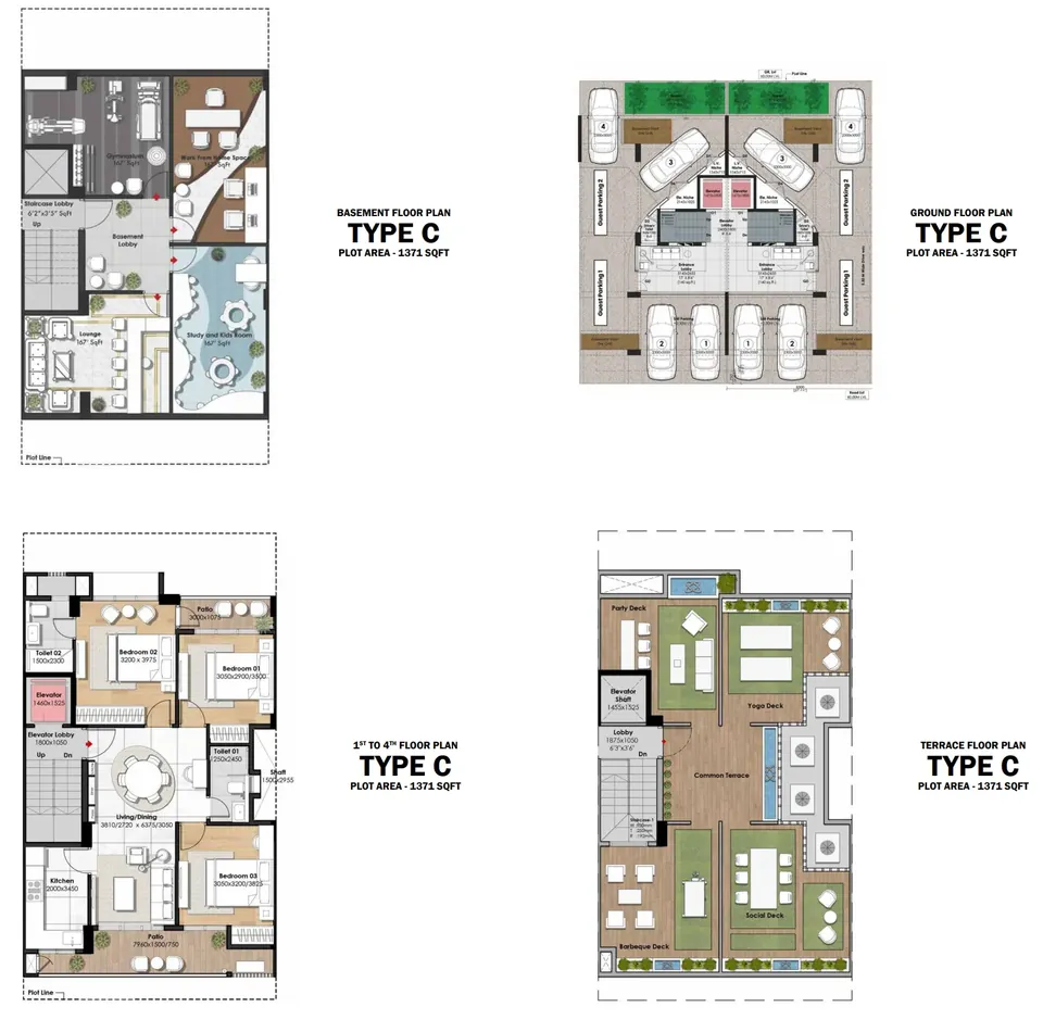 Whiteland Blissville Type C basement, ground, typical and terrace floor plans, 1,371 sq ft per floor