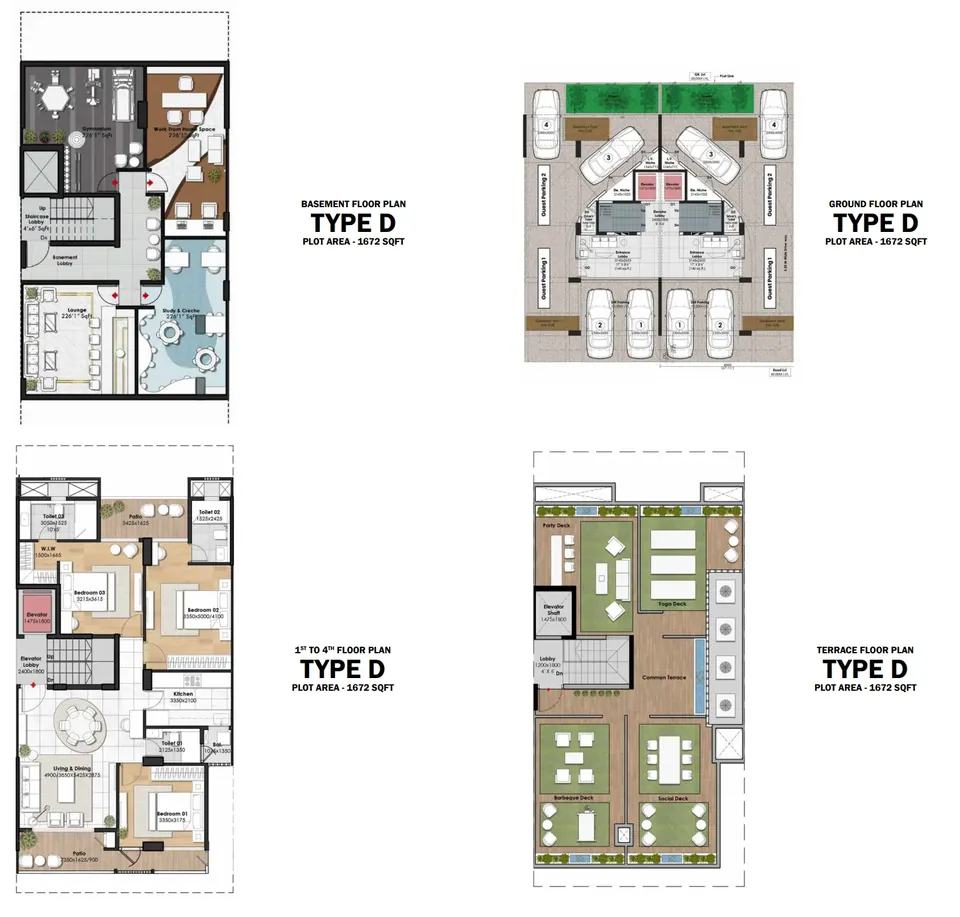 Whiteland Blissville Type D basement, ground, typical and terrace floor plans, 1,672 sq ft per floor
