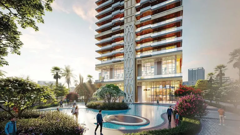 Whiteland The Aspen Iconic Towers podium pool and landscaped entrance, artist's impression