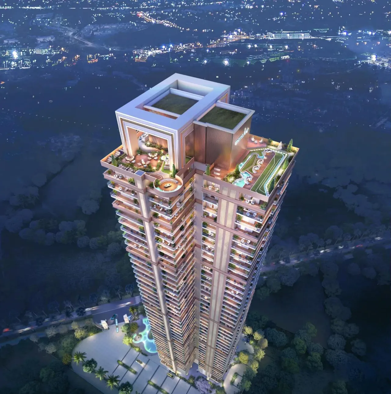 Whiteland The Aspen Iconic Towers aerial night view with the 43rd-floor zen garden deck, artist's impression