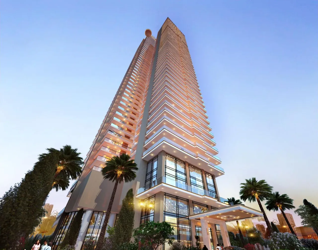 Whiteland The Aspen Iconic Towers Iconic tower rising above the landscaped entrance at dusk, artist's impression