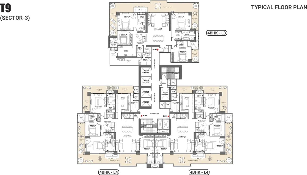 Whiteland The Aspen Iconic Towers T9 typical floor plate with one 4 BHK-L3 and two 4 BHK-L4 homes