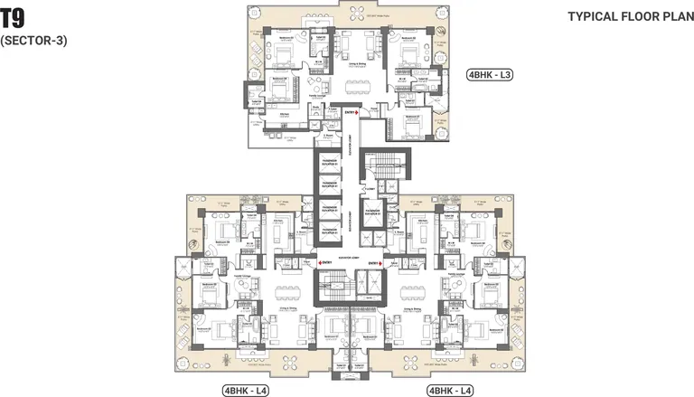 Whiteland The Aspen Iconic Towers T9 typical floor plate with one 4 BHK-L3 and two 4 BHK-L4 homes