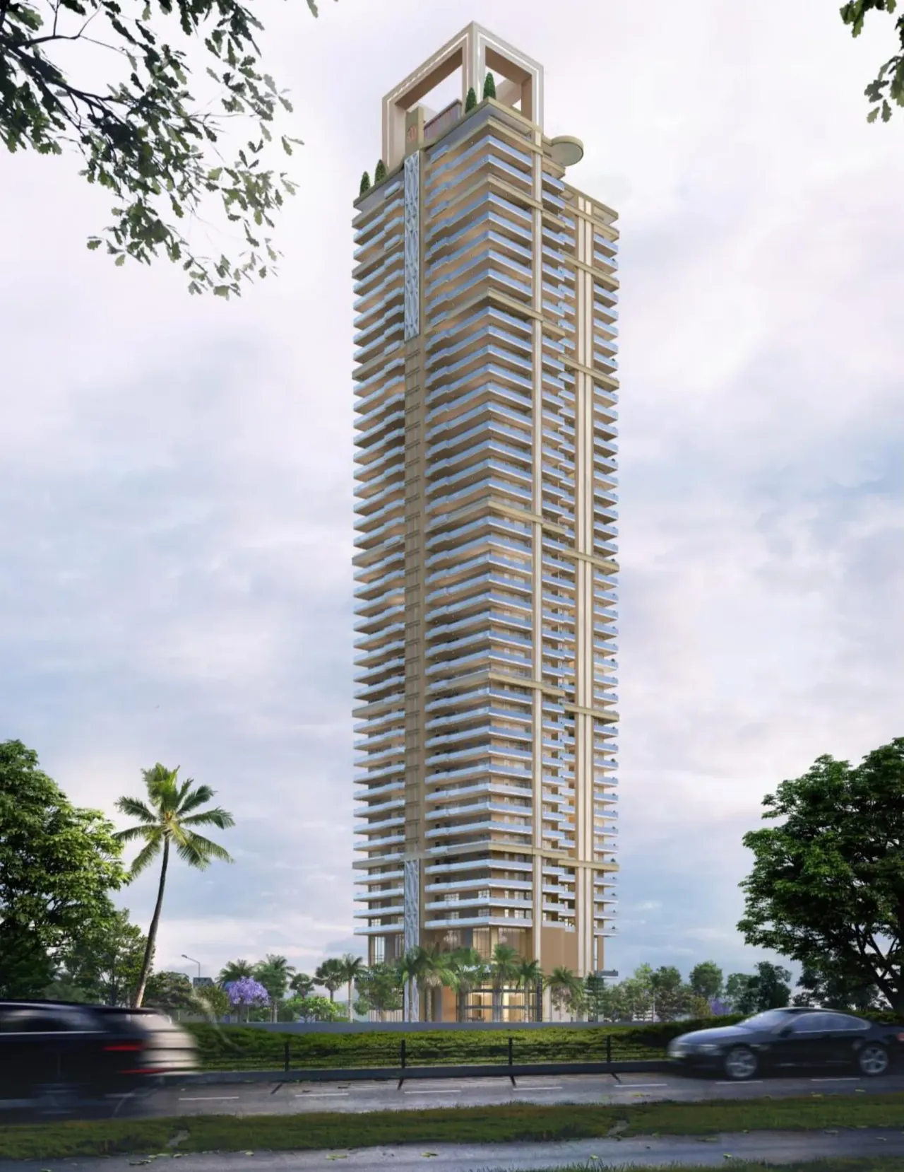 Whiteland The Aspen Iconic Towers full tower elevation seen from the approach road, artist's impression