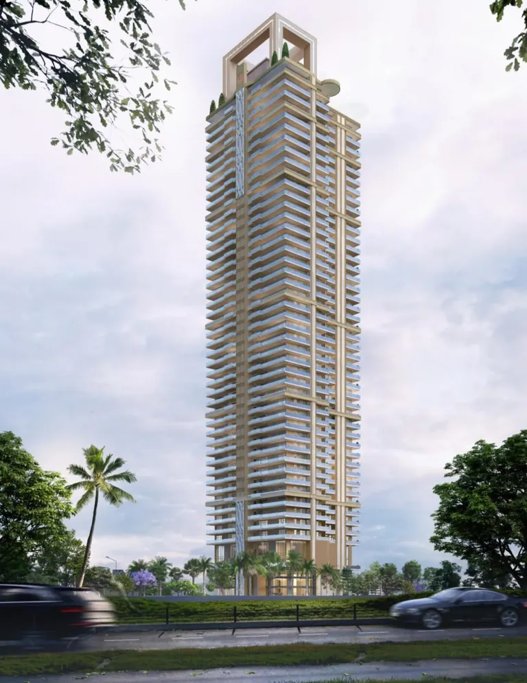 Whiteland The Aspen Iconic Towers full tower elevation seen from the approach road, artist's impression