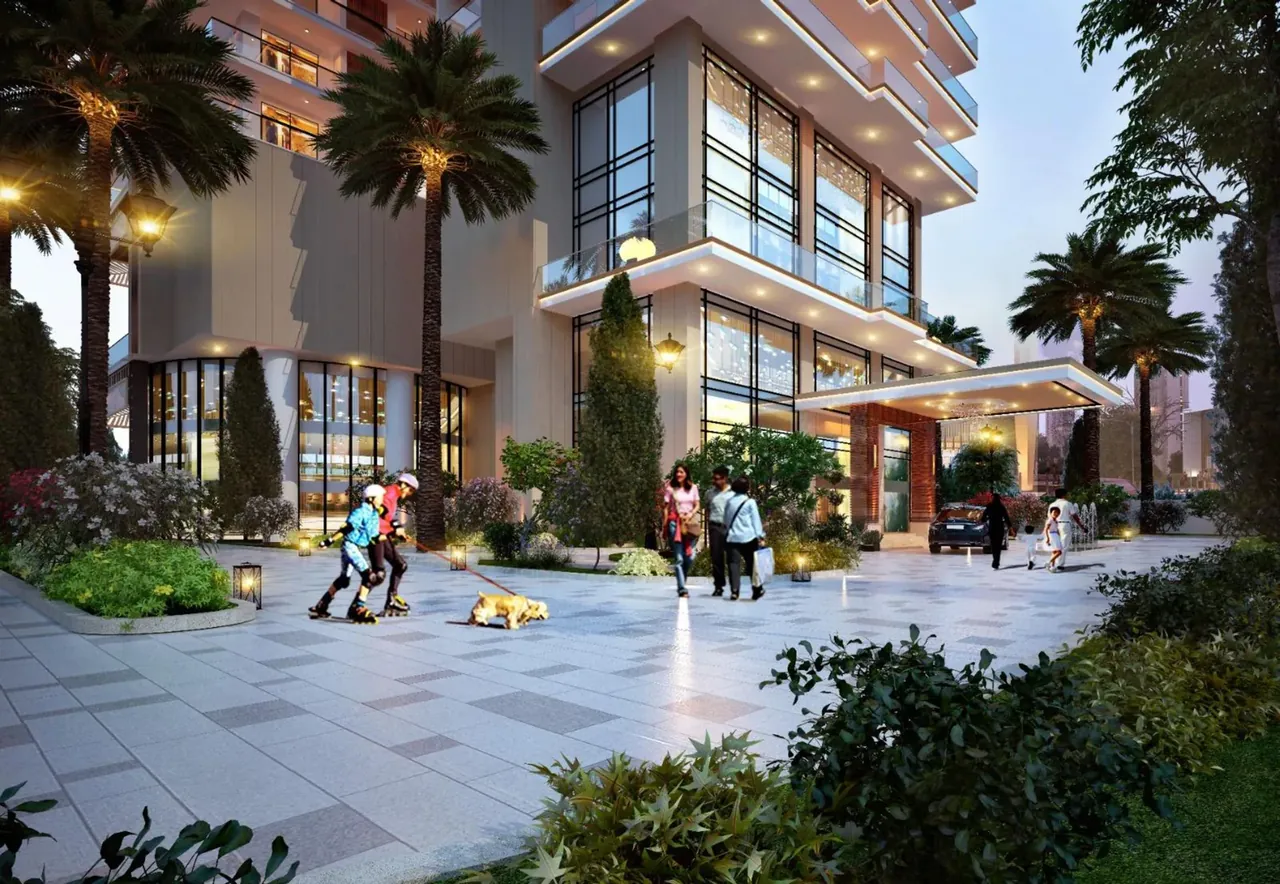 Whiteland The Aspen Iconic Towers entrance plaza and double-height lobby in the evening, artist's impression
