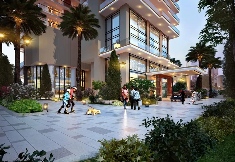 Whiteland The Aspen Iconic Towers entrance plaza and double-height lobby in the evening, artist's impression